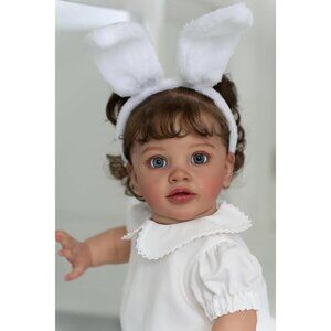 🆕26Inch Realistic Baby Doll with Curly Hair Reborn Doll in White Floral Dress